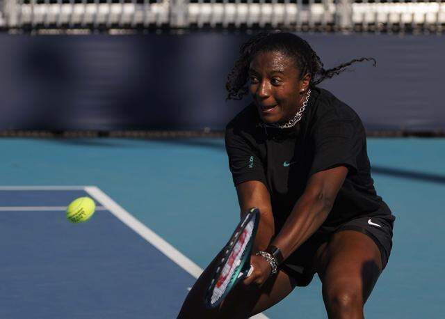 Hailey Baptiste (USA) practices before a match against Aryna Sabalenka at the Miami Open on Wednesday, March 25, 2026, at Hard Rock Stadium in Miami Gardens, Fla. 